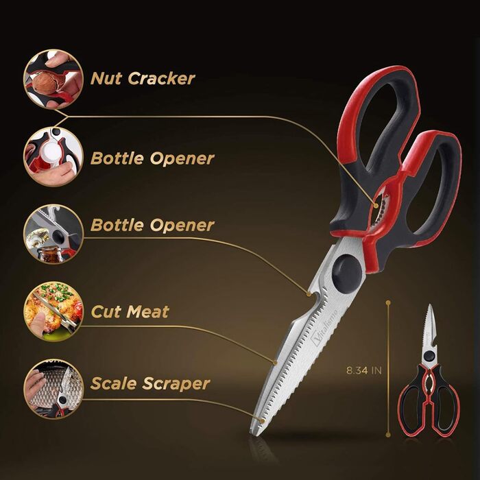 Універсальні кухонні ножиці 21 см з нержавіючої сталі, для риби, птиці, горіхів, з захистом леза, миючі в посудомийній машині, для лівшів, червоні