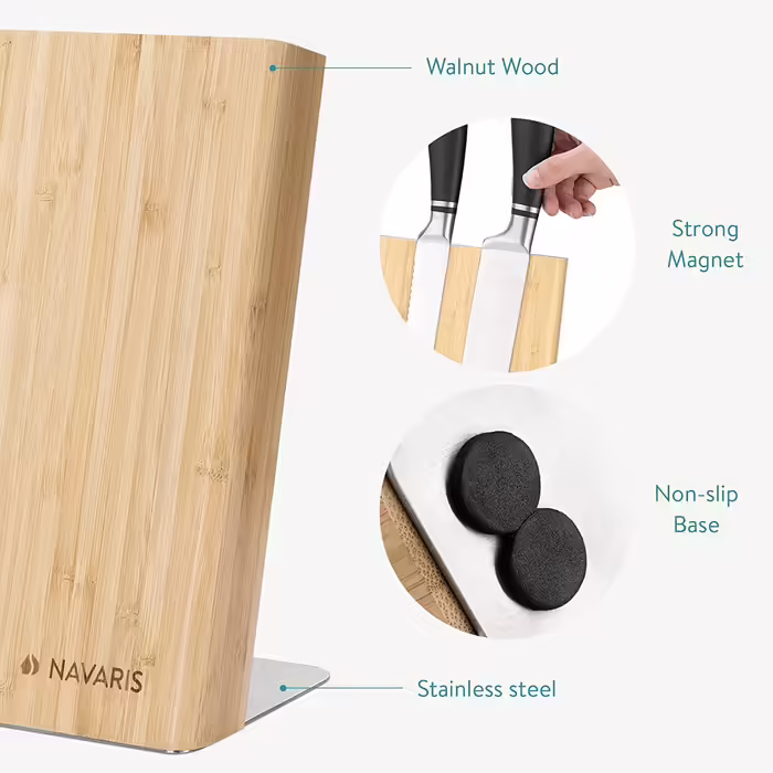 Navaris Magnetic Knife Holder made of Bamboo 23x22.5x12cm - Magnetic Knife Block Knife Board Wood Magnet Holder - Knife Holder Unfurnished Brown