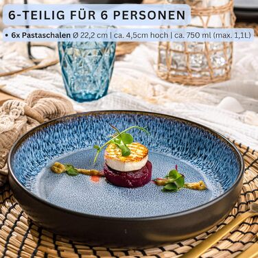 Набір тарілок для пасти SÄNGER Aruba, 6 шт., кераміка, блакитні, 750 мл, набір посуду для 6 осіб, миючі в посудомийній машині, мікрохвильова піч, стійкі до подряпин