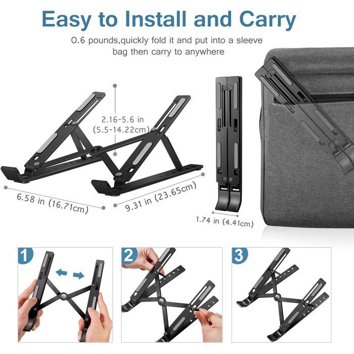 Підставка для ноутбука iVoler, регульована по висоті (6 рівнів), алюмінієва, складна, портативна, з вентиляцією, сумісна з 10-15.6” ноутбуками та планшетами, колір: Чорний