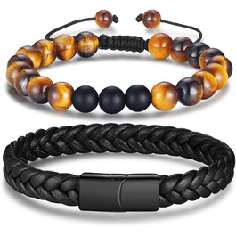 Чоловічий браслет з натуральної шкіри, чорний, плетений, з магнітною застібкою (2 шт.)