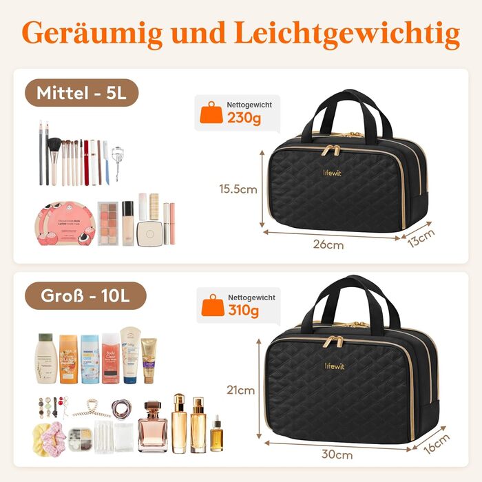 Жіноча дорожня косметичка Lifewit 5L, водовідштовхувальна косметичка з відділенням для мокрого одягу, органайзер для макіяжу, аксесуарів, шампуню та туалетних речей, чорна, M