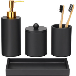 Haturi Bathroom Accessories Set, 4-Piece, Glass Bathroom Accessories Set, Complete with Lotion Soap Dispenser, Toothbrush Holder, Apothecary Jar, Vanity Tray, Bathroom Decor, Gift for (Black)