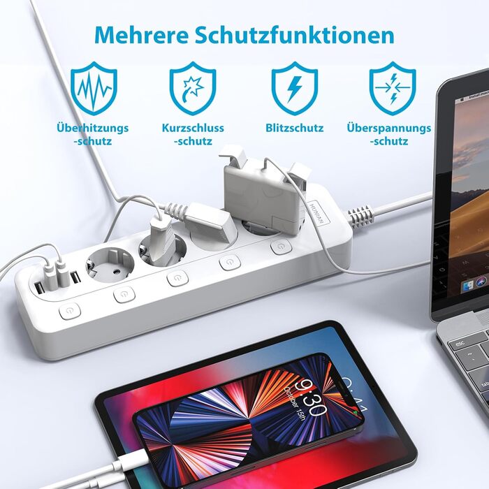 Мережевий фільтр перенапруги HUNIAN з 4 розетками та 4 USB, 4000W/16A, індивідуальне вмикання, захист від дітей, 2 м кабелю