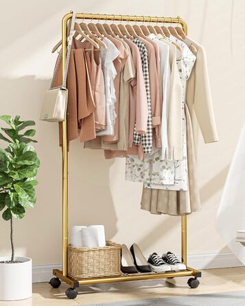 Металевий вішак для одягу на коліщатках з полицями, золотий, для шафи та кімнати