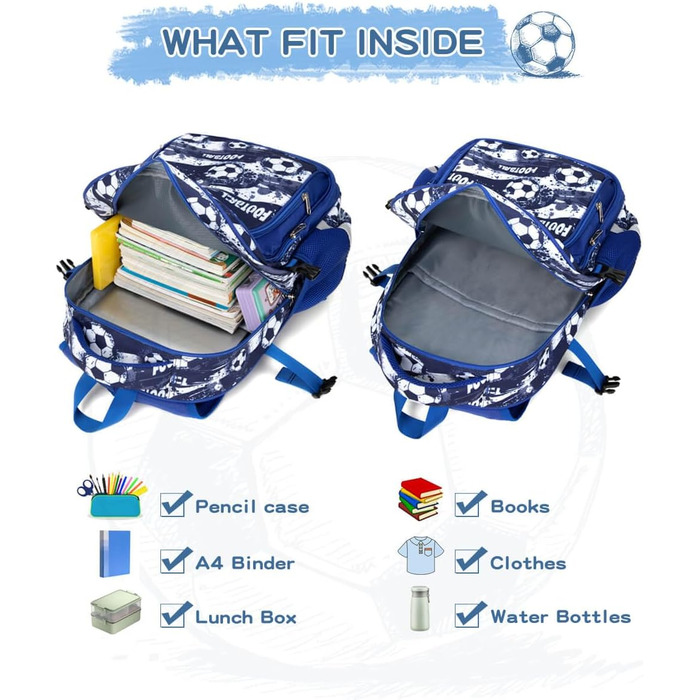 Дитячий рюкзак Cusangel для дівчаток та хлопчиків, ергономічний, регульований, водостійкий, з нагрудним ременем (синій, з футбольною тематикою)