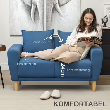 HOMCOM 2-Seater Sofa with 2 Cushions, Upholstered Sofa with 51cm Extra Deep Seats, Velvet Double Sofa, Small Sofa with Wooden Frame 2-Seater Couch for Living Room Bedroom Office, 133 x 73 x 81 cm, Blue | Aosom