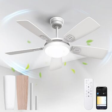 Стельовий вентилятор з підсвічуванням Ø132 см, LED, керування додатком та пультом ДК, 3 кольори, диммер, 6 швидкостей, тихий DC-мотор, режим зима/літо, білий/світле дерево