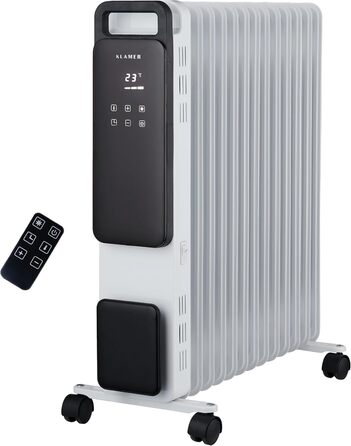 KLAMER Oil Radiator 2500 W, Electric Heater, Energy-Saving, 13 Fins, 3 Heating Levels with Eco Mode, 24h Timer, Thermostat, Overheat & Tip-Over Protection, with Remote Control, for Indoor Use, White/Weiss