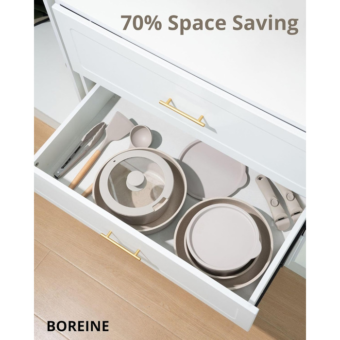 Набір посуду BOREINE 14 предметів: каструлі та сковороди з антипригарним гранітним покриттям (PFOA-free), знімні ручки, для всіх типів плит (індукція, склокераміка, газ, духовка), коричневий