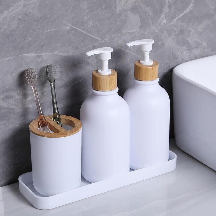 Набір аксесуарів для ванної кімнати, 9 предметів, бамбук, повний комплект: сміттєвий контейнер, дозатор мила, тримач для зубних щіток, щітка для унітазу, контейнер для ватних паличок, мильниця, матовий білий/оптичний сад
