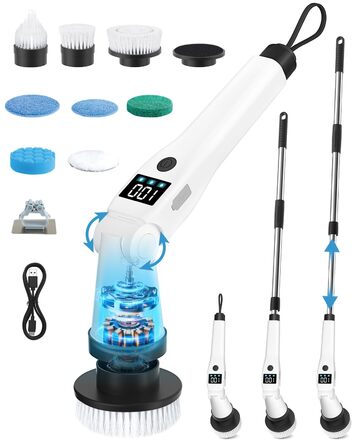 Електрична щітка для прибирання з 8 насадок, 3 швидкості, IP65 водостійка, регульована ручка, акумуляторна щітка для ванної, кухні, плитки, душу та кутів (біла)