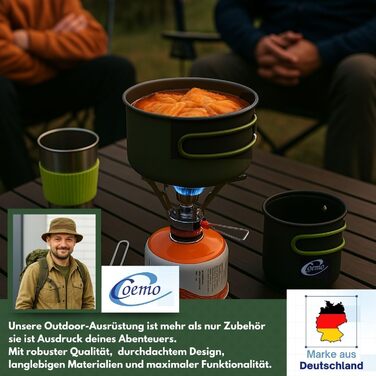 Набір кухонного посуду для кемпінгу Coemo 7 предметів з пальником - набір для приготування їжі на відкритому повітрі з каструлею, сковородою, столовим приладдям та чашкою, зелений M