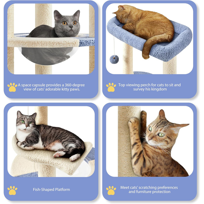 Yaheetech Cat Tree, Ocean Design Cat Tree, Cat Scratching Post, with Platform Space Capsule Sisal Pillars, Stable Climbing Tree for Cats, Blue/Beige