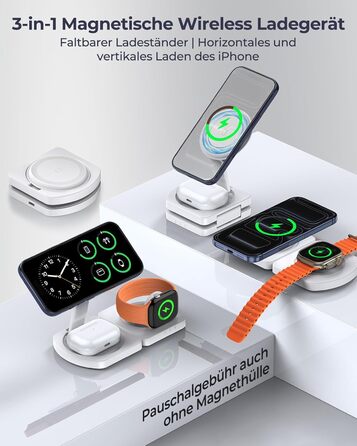 Бездротова зарядка Induktive для iPhone (MagSafe) 3-в-1: Apple Watch, AirPods, iPhone 17 Air/16/15/14/13/12 (Білий)