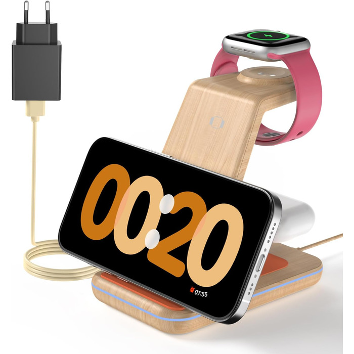 Бездротовий зарядний пристрій JoyGeek 3-в-1 з бамбуковою текстурою для iPhone, Apple Watch, AirPods