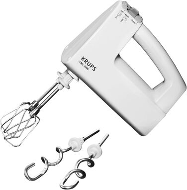 KRUPS 3 MIX 7000 Hand Mixer F60814 | 500W | Ergonomic mixer handle, variable speed control | Turbo & eject button | Stainless steel whisks & dough hooks | White Single