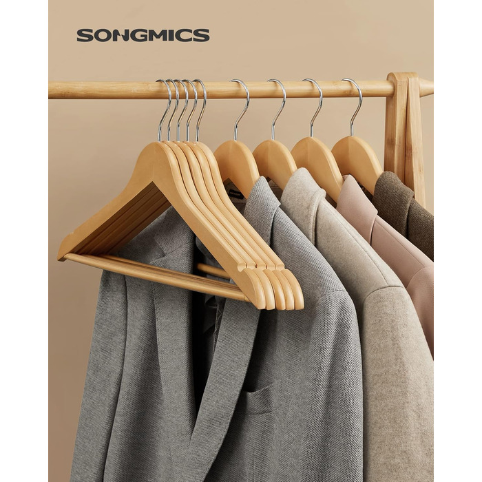 SONGMICS Wooden Clothes Hangers, 30-Piece Set, Solid Wood Hangers, Shoulder Indentations, Non-Slip Trouser Bar, 360° Swivel Hook, for Suits, Shirts, Natural Wood-Silver, CRW031NL