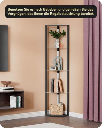 Стійка лампа EDISHINE з 4 полицями з дерева, LED диммер, 3 колірні температури, поворотний світловий маніпулятор, підсвічування полиць, футовий вимикач (чорний+скло)