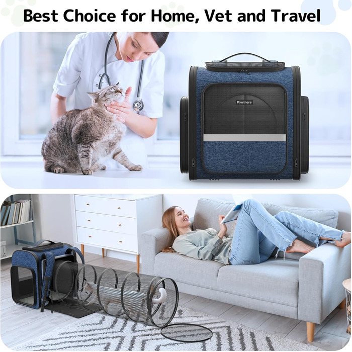 Рюкзак для кота Pawtners з розширеним тунелем для ігор, схвалений авіакомпаніями, для собак та котів до 11,3 кг, складаний, блакитний (40 x 32 x 38 см)