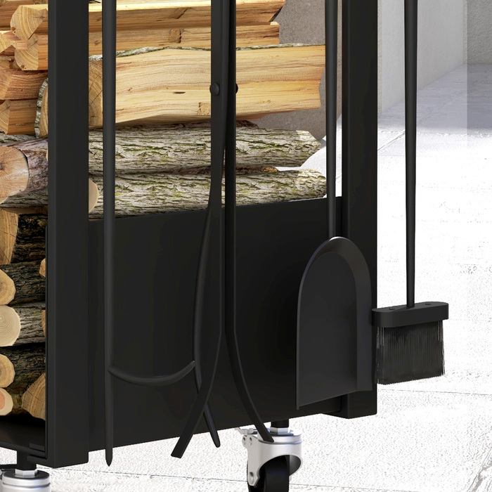 Стійка для дров Outsunny 48 x 30 x 76 см з колесами, мітла, совок, кочерга, щипці, гак для дров, полиця для дров для вулиці, приміщення, метал, чорний | Aosom