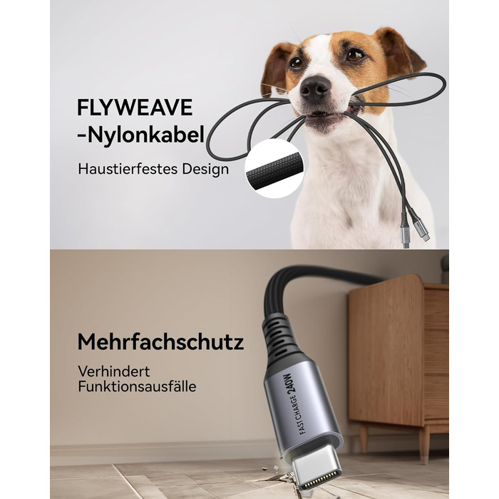 Кабель USB-C 240W, 2 шт. (2м+2м), нейлон, чорний, для iPhone, Samsung, Pixel, iPad, MacBook