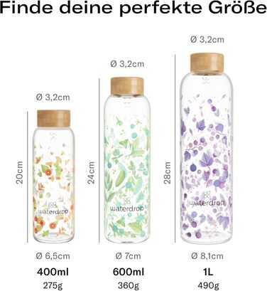 waterdrop® Edition Glass Bottle 600ml Drinking Bottle - Leak-proof glass bottle, suitable for carbonated drinks | BPA-free water bottle including neoprene sleeve | Dishwasher-safe, lightweight borosilicate glass bottle (Clean Melange)