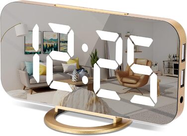 Цифровий годинник SZELAM з LED-дзеркалом 7 дюймів, 2 USB-порти, функція відкладання, автоматичне регулювання яскравості, для дому, колір золотий