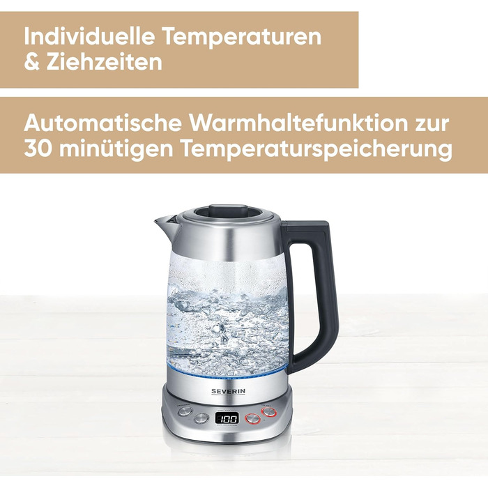 Електричний чайник Severin WK 3480 з регулюванням температури та 5 програмами заварювання, 1.7 л, 3000 Вт, нержавіюча сталь