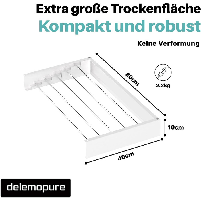 Сушарка для білизни настінна 80 см, висувна стійка, мотузка для білизни, настінний сушар, вантажопідйомність 30 кг, розкладний, економний для балконів/маленьких квартир/стін
