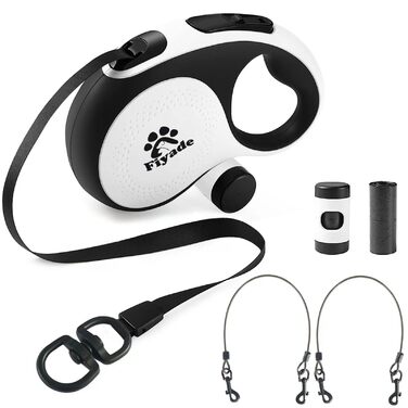 Висувна поводок для собак, 5 м, з ланцюгом, для 2 собак, витягуваний поводок для середніх та великих собак до 50 кг, білий та чорний