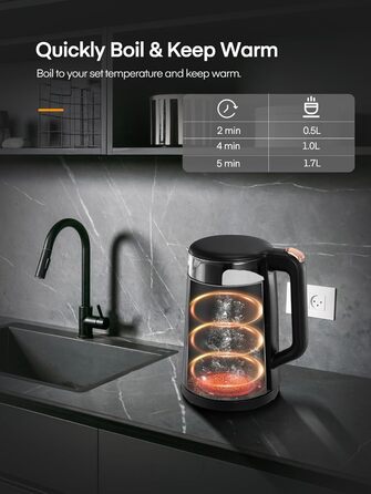 Electric Kettle with Temperature Control - 1.7L Glass Kettle with Keep Warm Function, 2200W Fast Boil, Auto Shut-Off & Dry Boil Protection, 5 Color LED Lights - Black