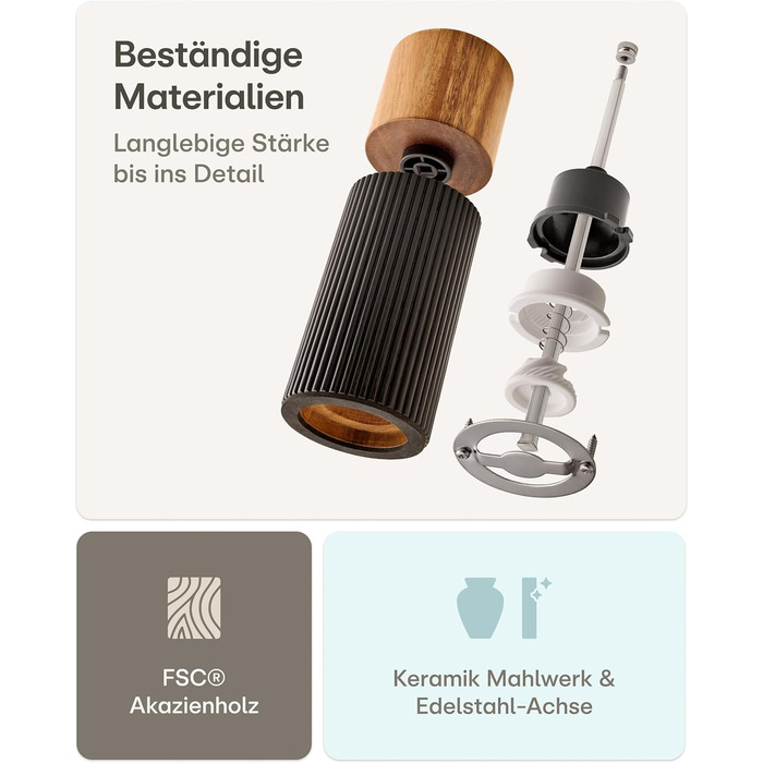 Набір для перцю та солі Praknu з дерев'яної акації з керамічним жорном - регулювання ступеня помолу, довговічний - дерев'яні млини для спецій - набір млинів для солі та перцю, чорний (маленький)