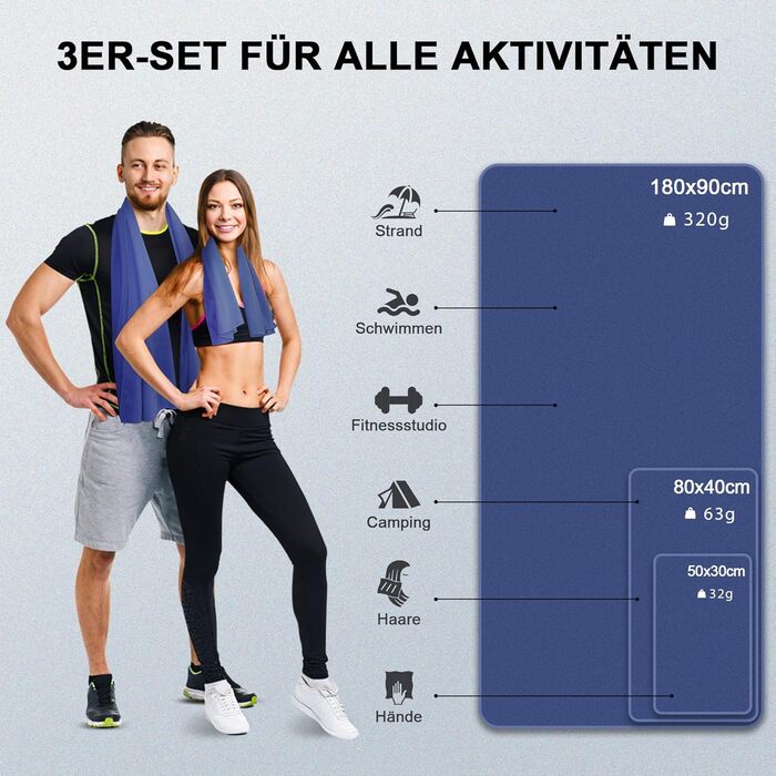 Набір рушників з мікрофібри, швидковисихаючих, 3 шт. (180x90см, 80x40см, 50x30см) для подорожей, спорту, пляжу, блакитний