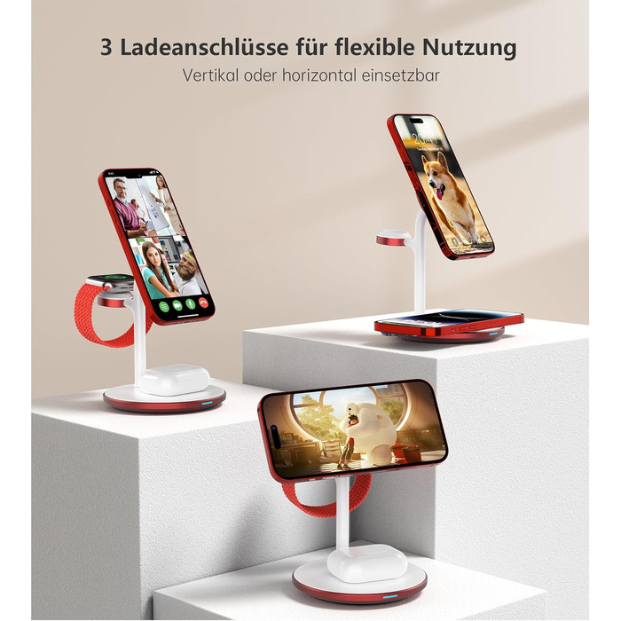 3-в-1 Бездротова Зарядка для Багатьох Пристроїв: iPhone, iWatch, AirPods, 15W, MagSafe, Колір: Маджента