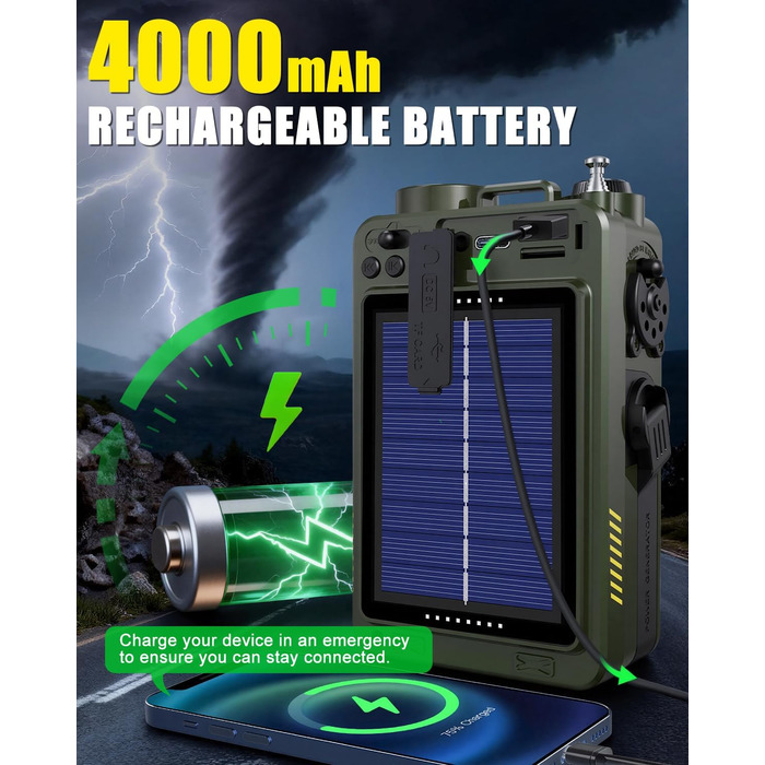 Радіо NOAA з живленням від сонця, USB, ручної динамо-машини 4000 mAh AM/FM/SW/WB – для кемпінгу та надзвичайних ситуацій, з ліхтариком та сигналом SOS