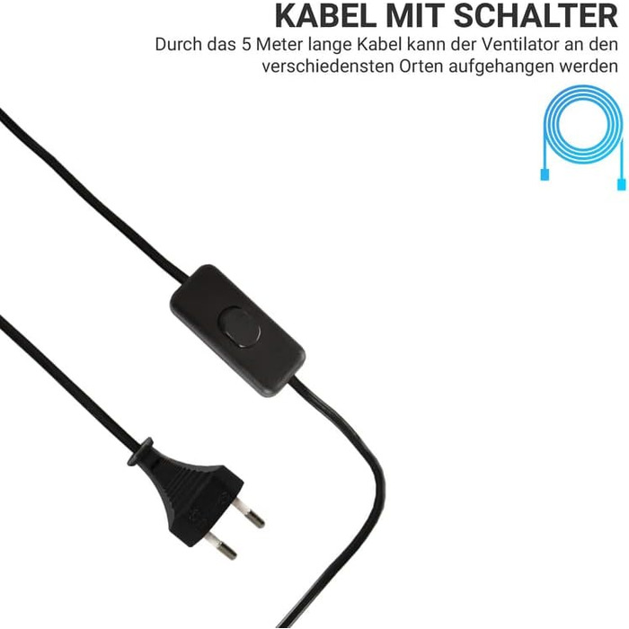 Мобільний стельовий вентилятор Bestlivings, білий, діаметр 40 см, 5м кабель, з вимикачем, 220V-240V, 5W