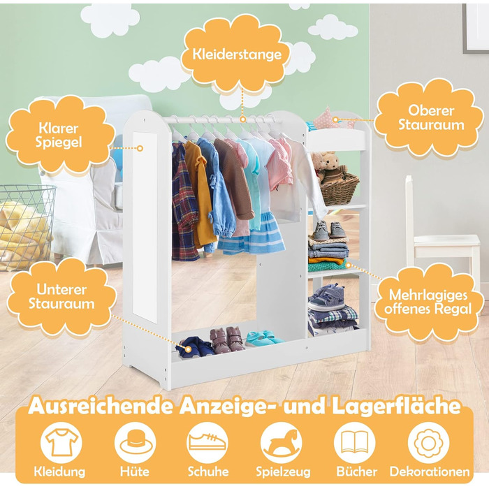 Дитяча шафа Dreamade з дзеркалом та штангою для одягу, 4 відкриті полиці, 93,5x38x100 см (Біла)
