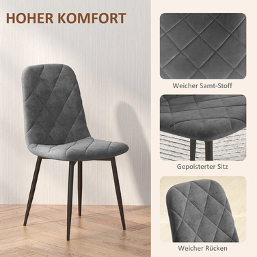 HOMCOM Dining Chairs, 4-Piece Set - Velvet-Look Kitchen Chairs with Backrest, Upholstered Chairs with Metal Legs, for Dining Table, Gray