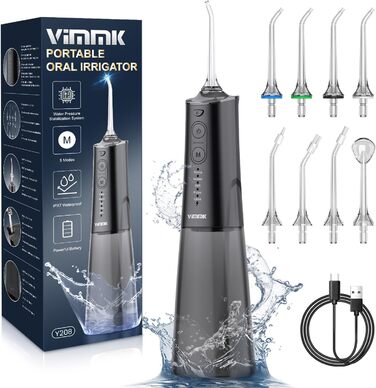 Електричний ірigator Vimmk з 5 режимами та 8 насадками - портативний для догляду за порожниною рота | IPX7, 300 мл
