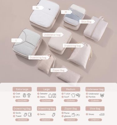 Органайзер для валізи Meowoo, 8 шт. - набір кубиків для пакування, валізні органайзери для подорожей та бізнесу, сумки для одягу, система зберігання багажу (Бежевий)