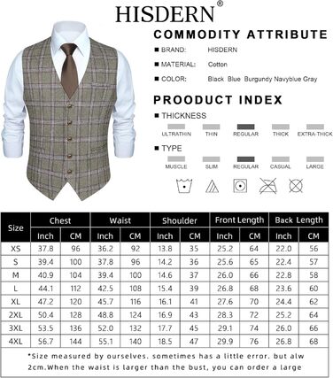 Чоловіча жилетка HISDERN в клітинку, класична, з бавовни, для весілля, в стилі 'Hahnentritt', під костюм (3XL, сірий/коричневий)