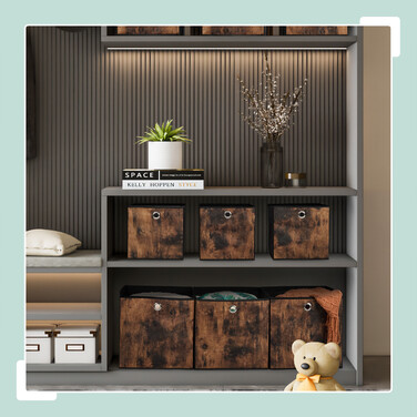 Relaxdays Fabric Storage Boxes with Wood-Look Design, 6-Piece Set