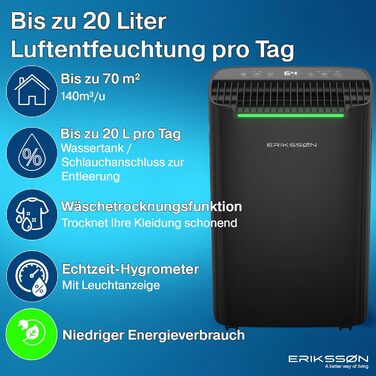 Зволожувач повітря Erikssøn з LED-дисплеєм, таймером та захистом для дітей | видаляє 20 л вологи на добу | для приміщень до 175 м³ | енергоефективний, з датчиком вологості, чорний