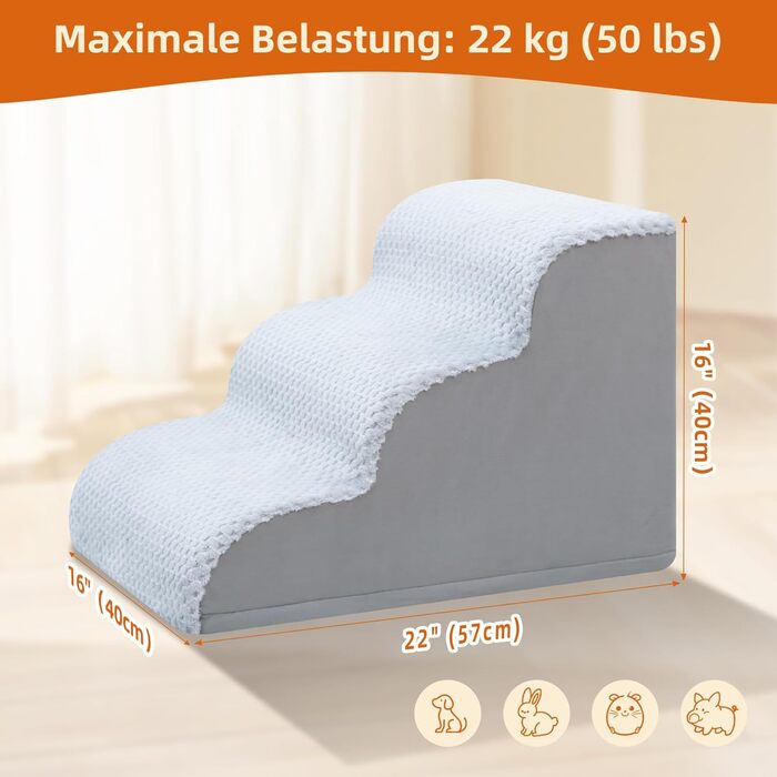 Східці для собак KSIIA на 3 сходинки, 40 см, сірі. Ідеально для маленьких собак та котів, підходять для ліжка, дивану, софи та авто. Розміри: 40x57x40 см