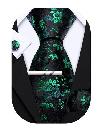 Комплект краваток Barry.Wang: краватка, кишеньковий хустинка та запонки. Чорний колір з зеленим квітковим візерунком, для весілля та ділових зустрічей