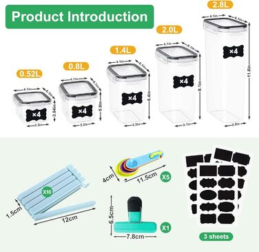 Набір контейнерів для зберігання продуктів, 20 шт., BPA Free, з кришкою (2,8L, 2L, 1,4L, 0,8L, 0,52L)