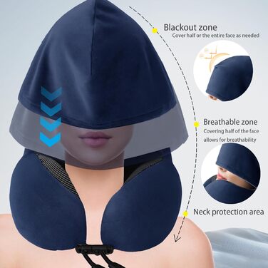 Подушка для шиї Memory Foam | Подушка для подорожей в літак з 95% захистом від світла, регульована, для офісу та сну на боці (Темно-синій)