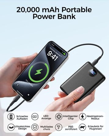 Портативний зарядний пристрій Power Bank 20000mAh з LED дисплеєм, USB-C, PD 3.0, QC 3.0, чорний