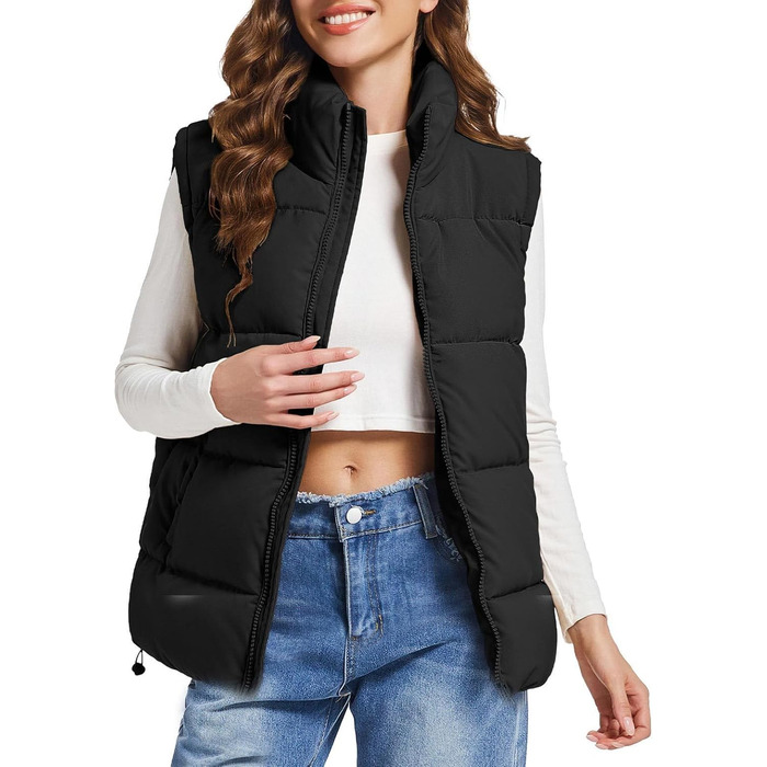 Жіноча пуферка/жилетка Polu, без рукавів, на блискавці, зі стійким коміром, оверсайз, чорна, розмір S